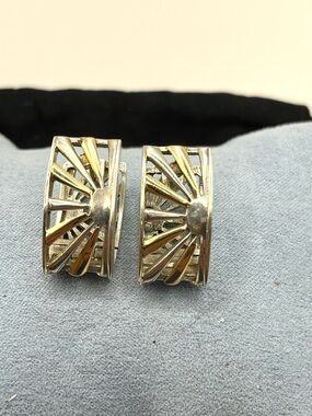 Earrings 14k and Sterling Silver Huggie  Sunrise Motif Sun Rays Earrings